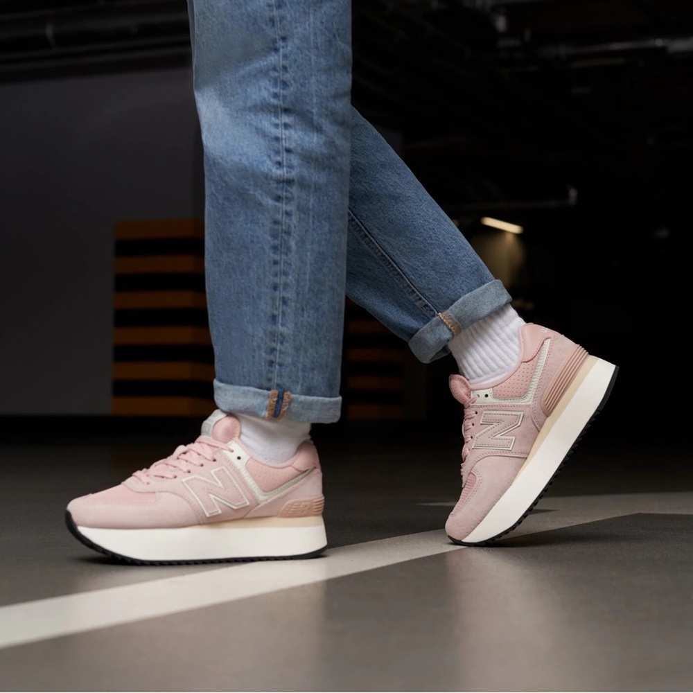 New Balance 574+ Athletic Shoe - Mid-Century Pink / Pink Granite / Linen Womens - Picture 5 of 6